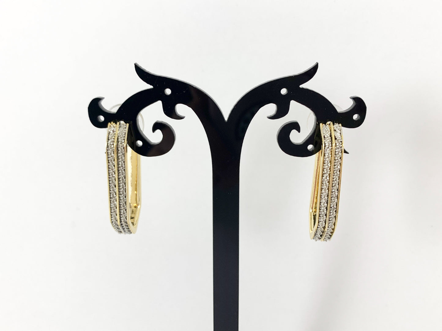 Two-tone Textured Hexagon Long Hoops Earrings in 18K gold plated Copper 3 pairs