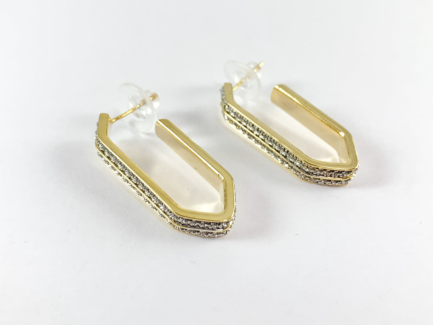 Two-tone Textured Hexagon Long Hoops Earrings in 18K gold plated Copper 3 pairs