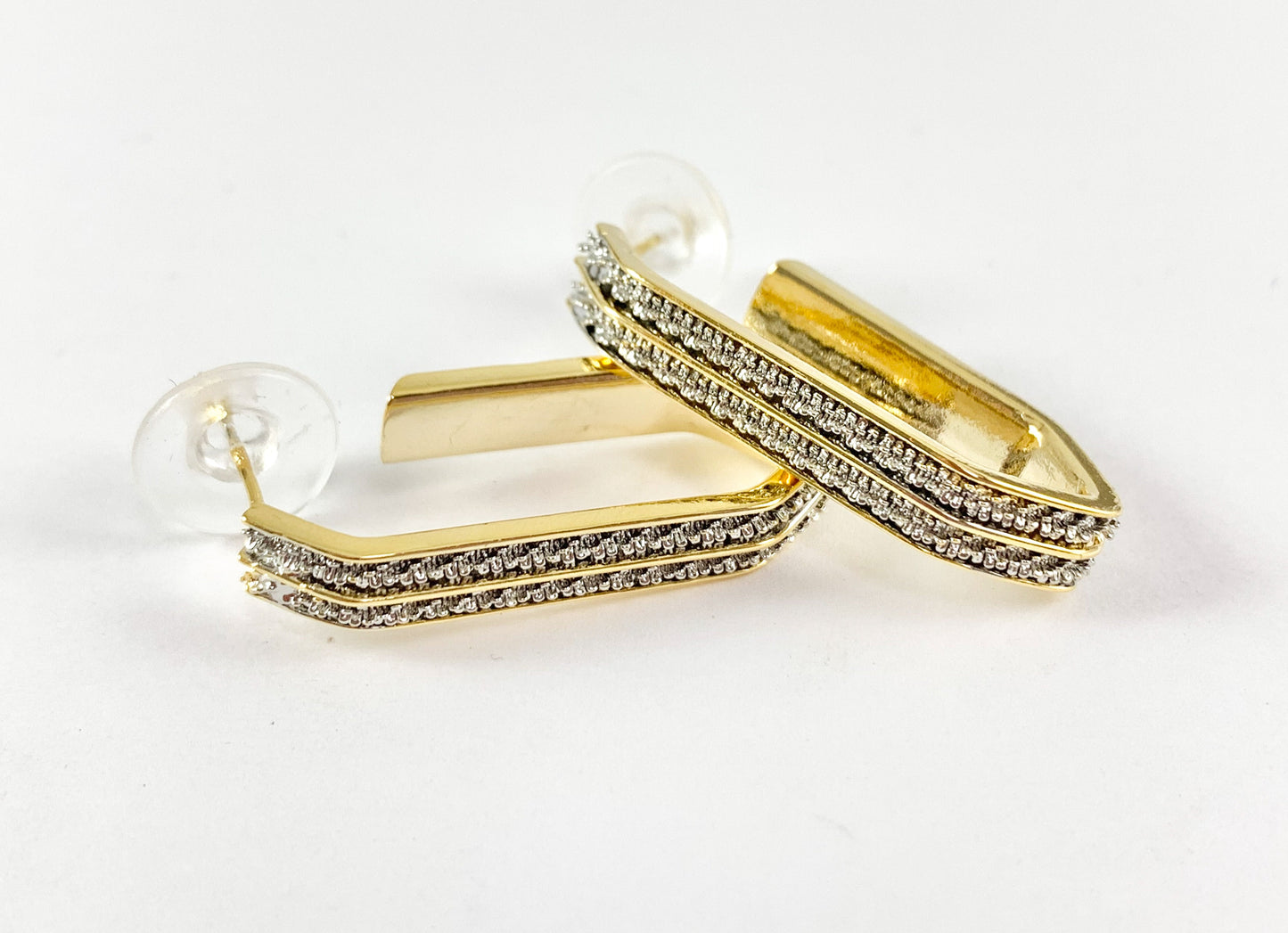 Two-tone Textured Hexagon Long Hoops Earrings in 18K gold plated Copper 3 pairs