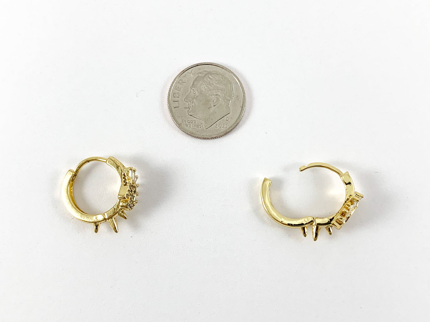 Real Gold Plated CZ Pave Cute Unicorn Spikes Earring Huggies Over Copper 3 pairs