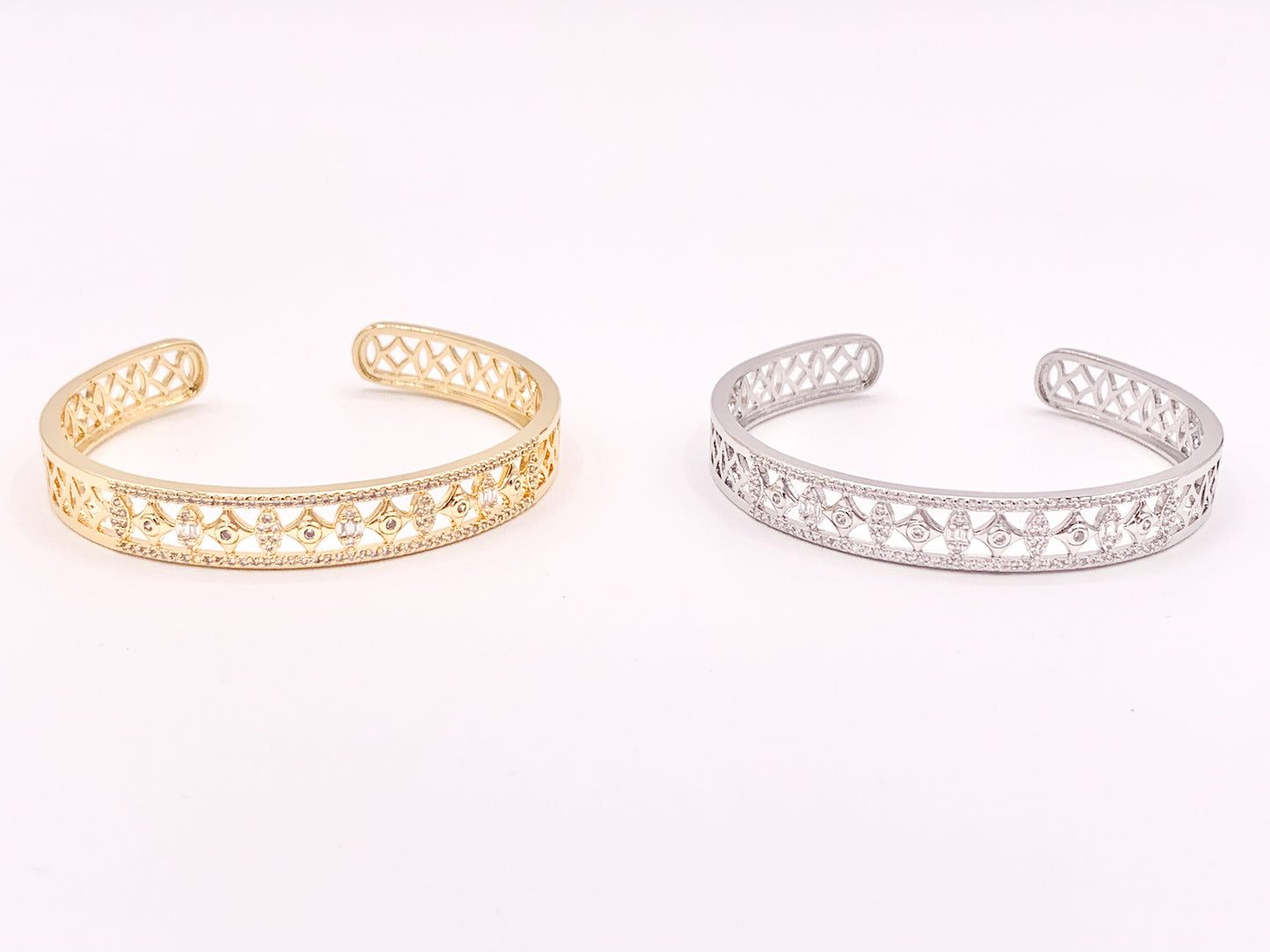 Stunning Geometric Vintage Stackable Bracelet Cuff in Gold or Silver Plated CZ Pave Adjustable Bracelet Cuffs over Brass 1 pc