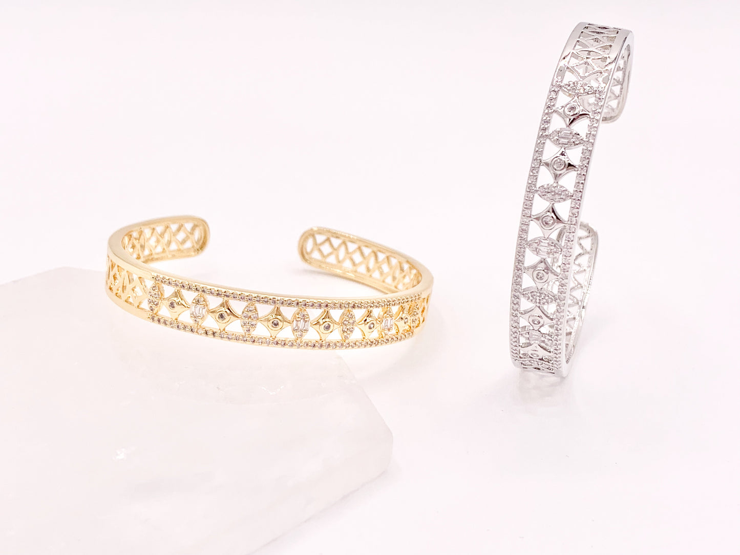 Stunning Geometric Vintage Stackable Bracelet Cuff in Gold or Silver Plated CZ Pave Adjustable Bracelet Cuffs over Brass 1 pc