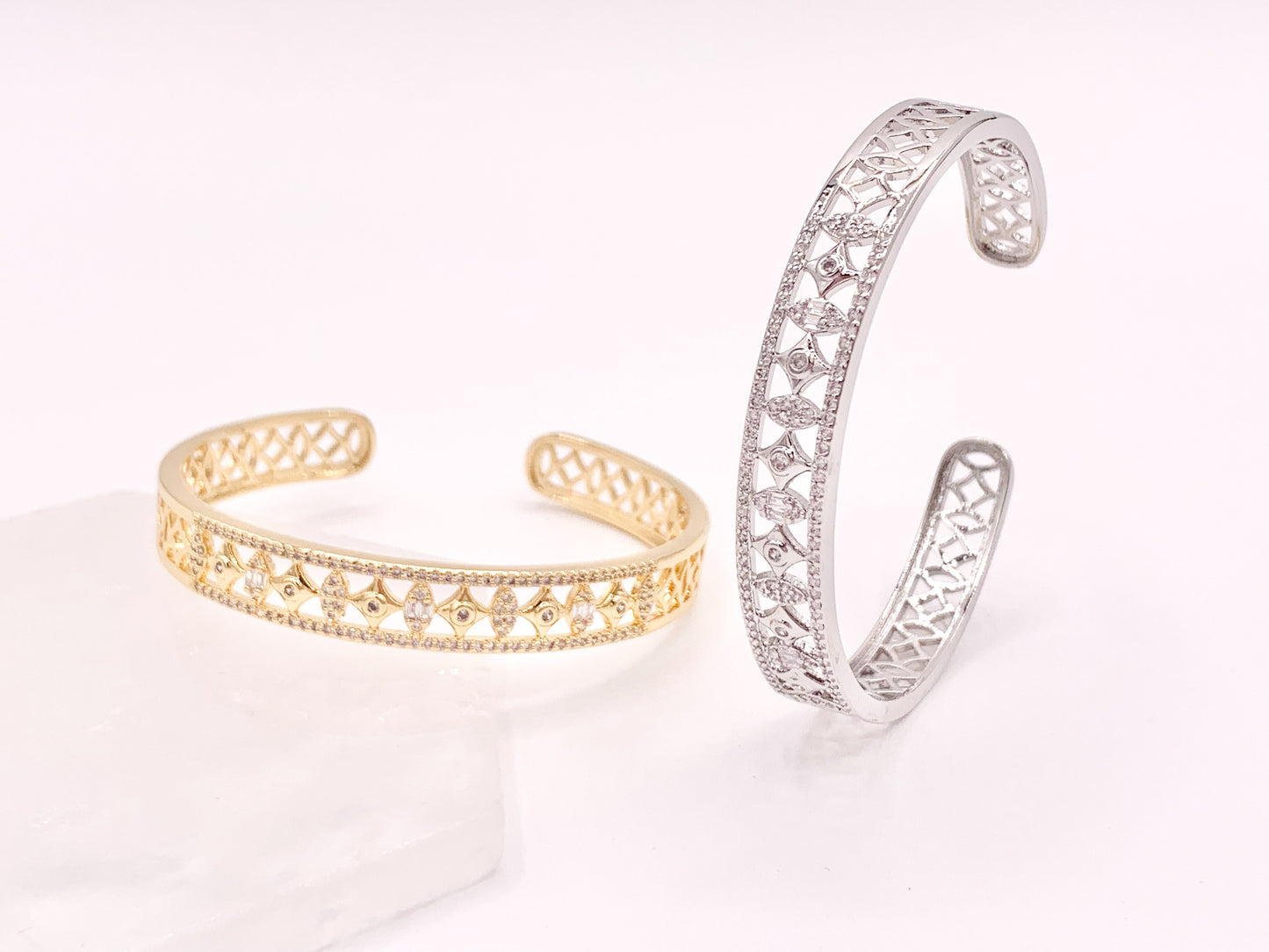 Stunning Geometric Vintage Stackable Bracelet Cuff in Gold or Silver Plated CZ Pave Adjustable Bracelet Cuffs over Brass 1 pc
