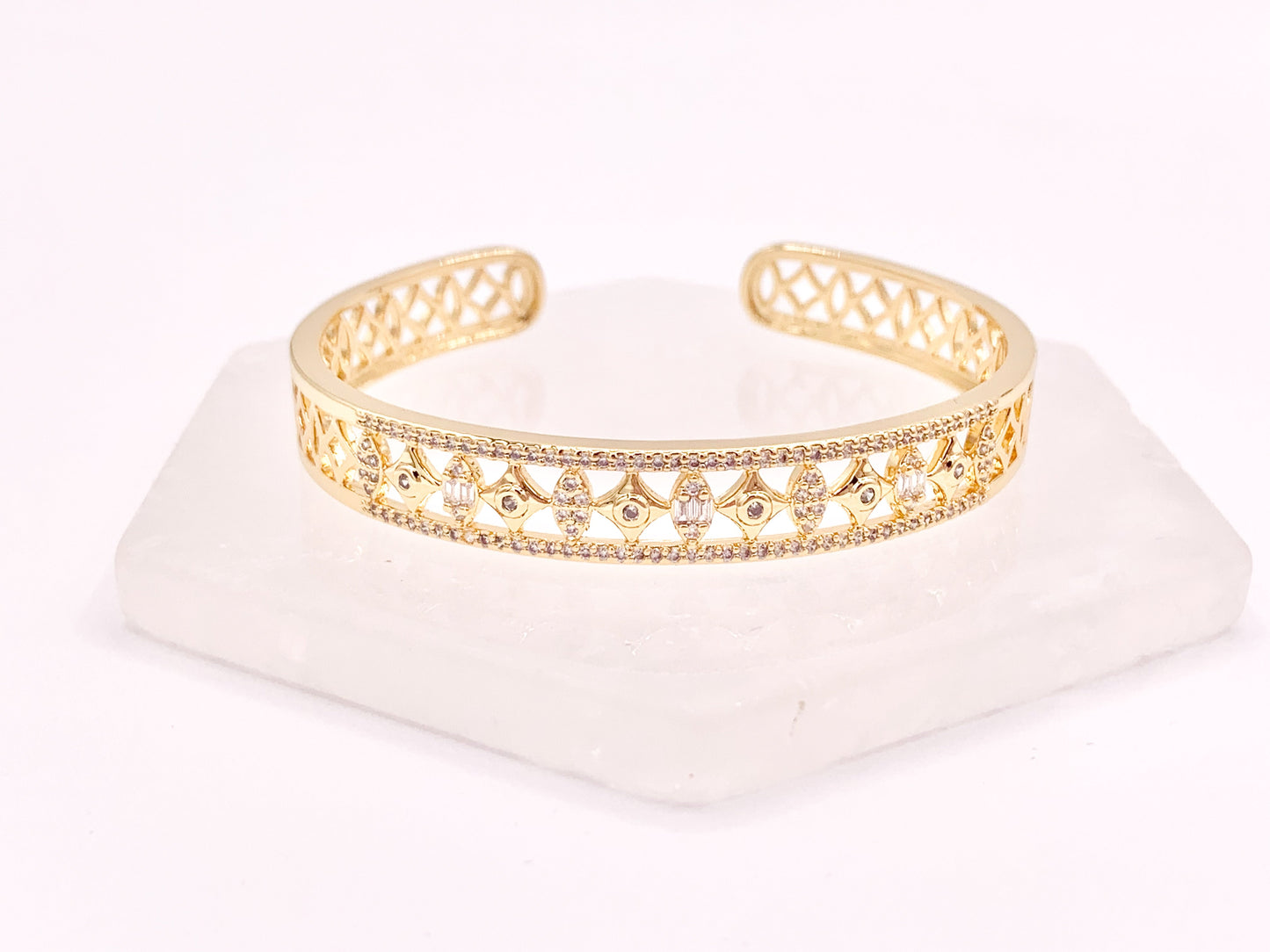 Stunning Geometric Vintage Stackable Bracelet Cuff in Gold or Silver Plated CZ Pave Adjustable Bracelet Cuffs over Brass 1 pc