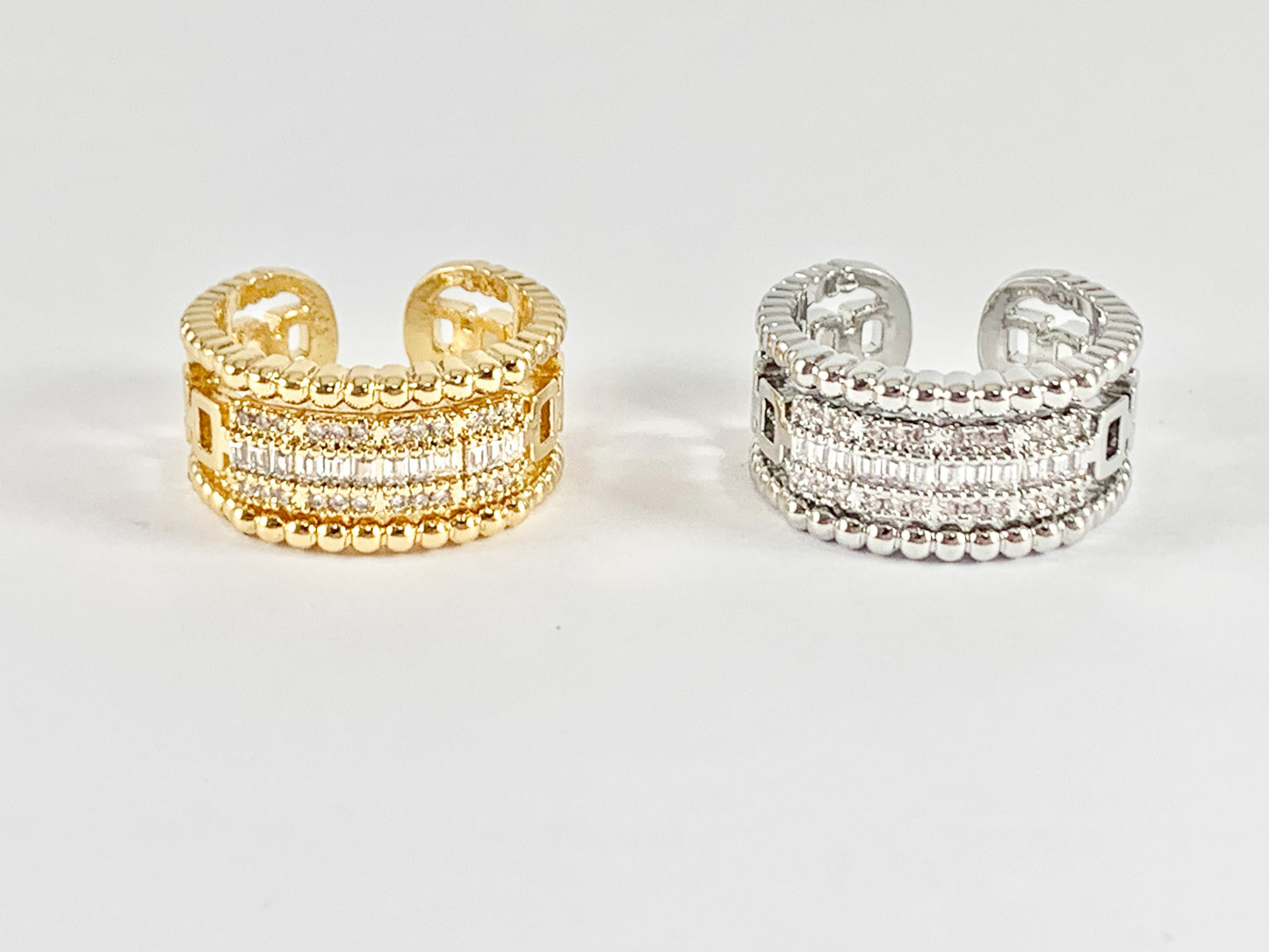 Vintage Style CZ Pave Rhinestone Adjustable Rings in 18K Gold or silver plated copper 4 pcs