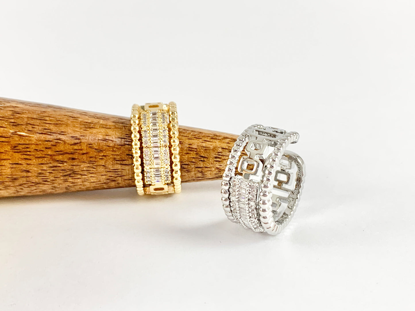 Vintage Style CZ Pave Rhinestone Adjustable Rings in 18K Gold or silver plated copper 4 pcs