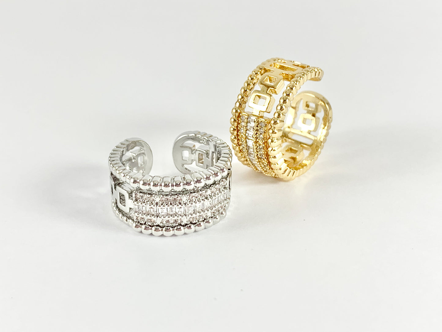 Vintage Style CZ Pave Rhinestone Adjustable Rings in 18K Gold or silver plated copper 4 pcs