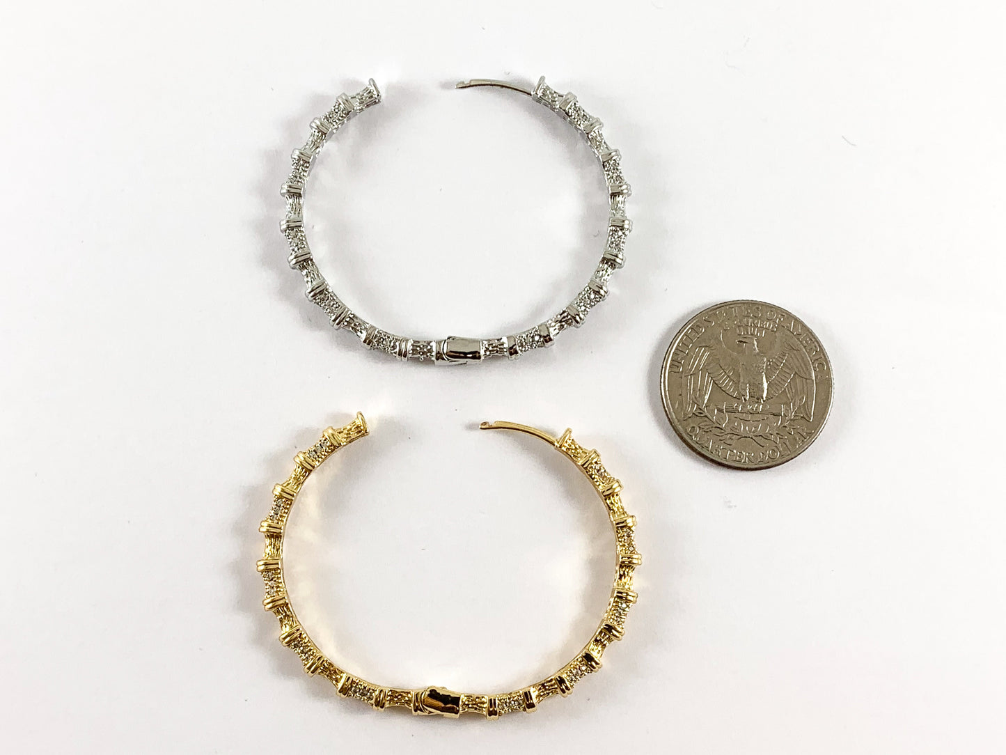 Real 18K Gold/Platinum Plated CZ Pave Circle Textured Hoop Earring Over Copper 2 pairs