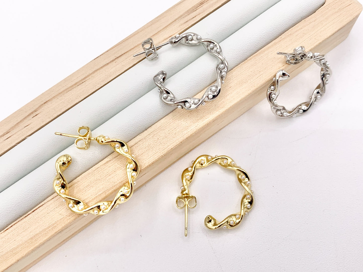 Dainty Pearl Twisted Hoops in 18K Gold or Silver Plated Copper 3 pairs