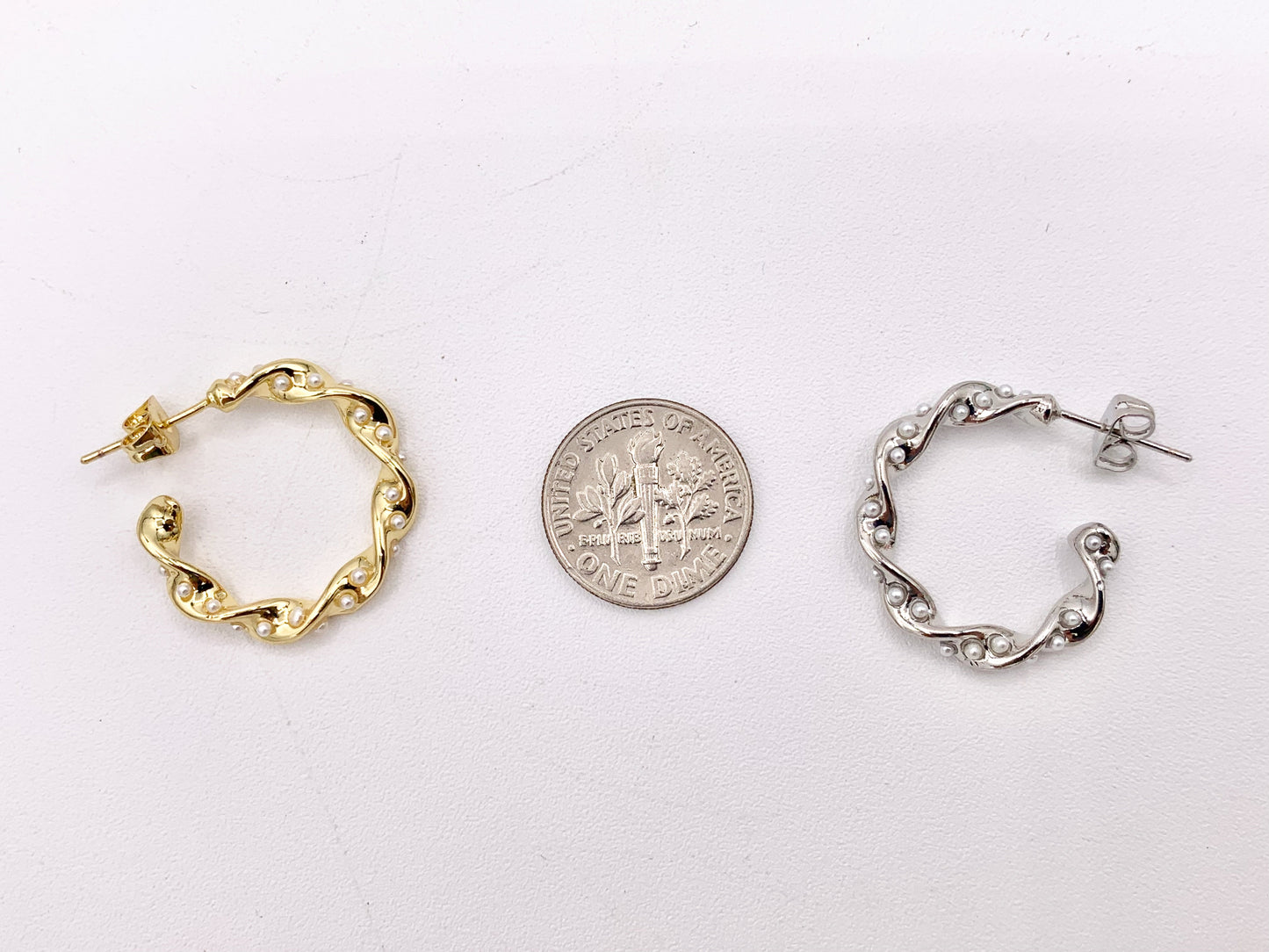Dainty Pearl Twisted Hoops in 18K Gold or Silver Plated Copper 3 pairs