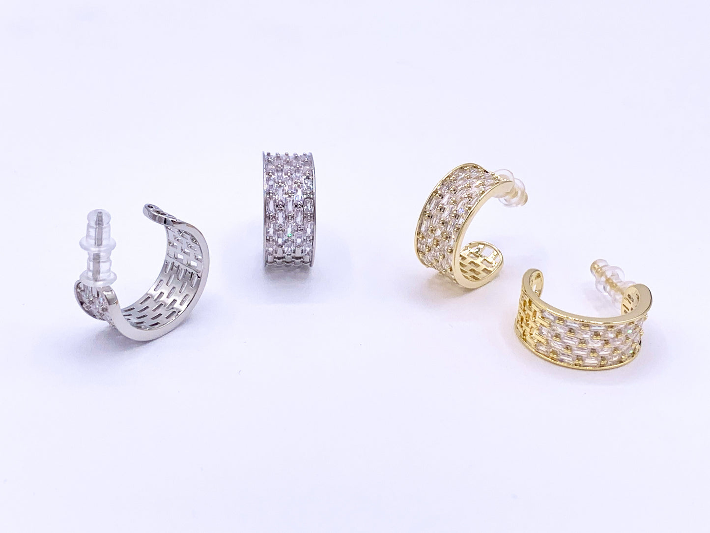 Dazzling Rhinestone Thick CZ Pave Huggie Hoop Earrings in 18K gold or Silver Plated Copper 2 pairs