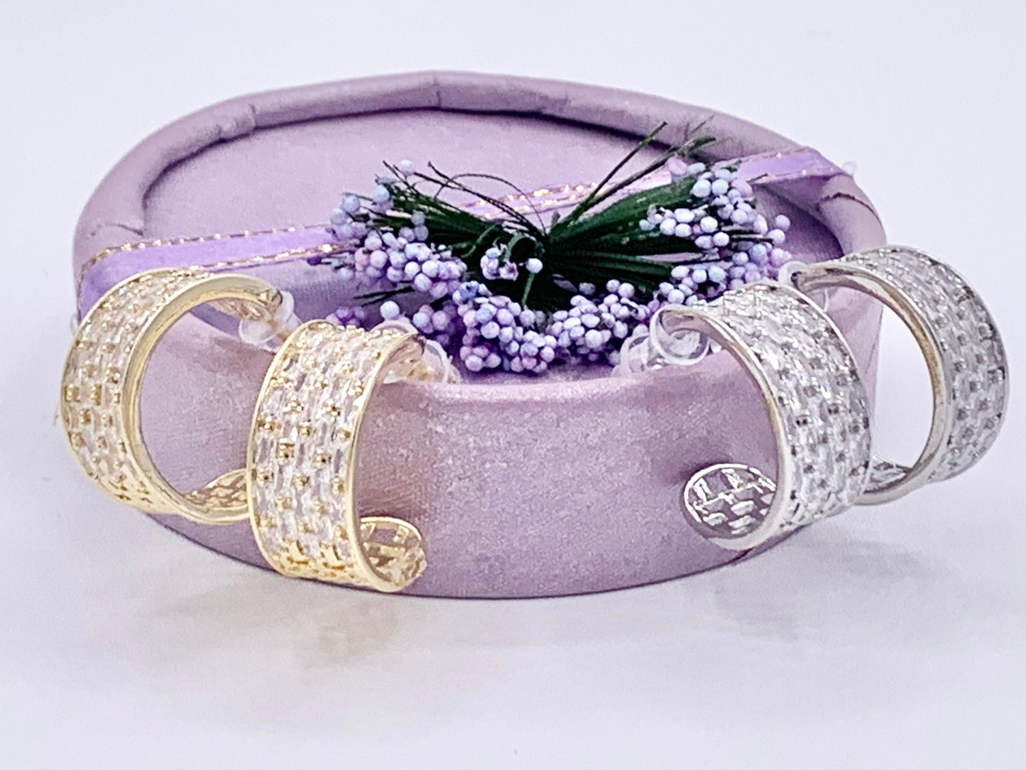 Dazzling Rhinestone Thick CZ Pave Huggie Hoop Earrings in 18K gold or Silver Plated Copper 2 pairs