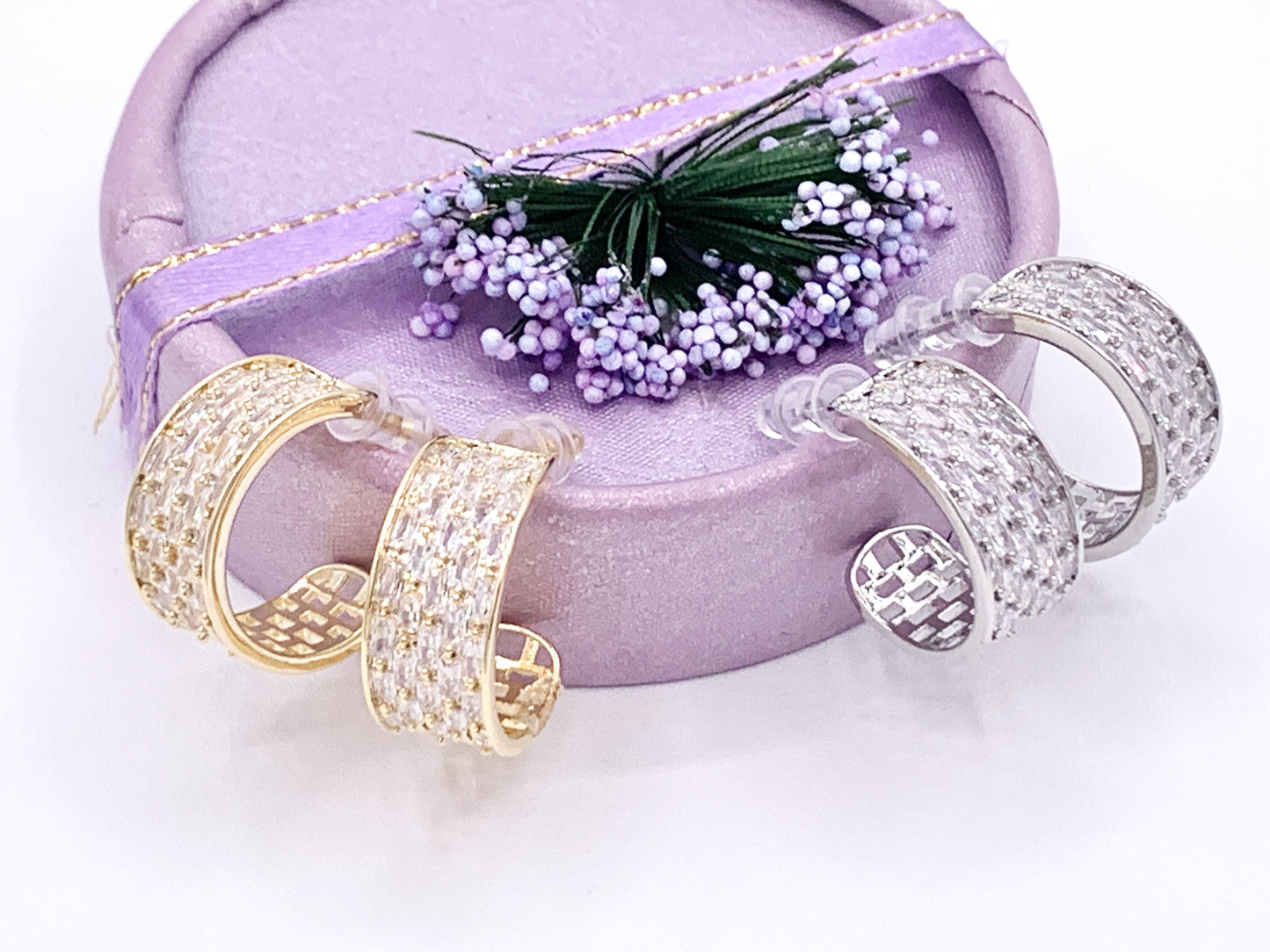 Dazzling Rhinestone Thick CZ Pave Huggie Hoop Earrings in 18K gold or Silver Plated Copper 2 pairs