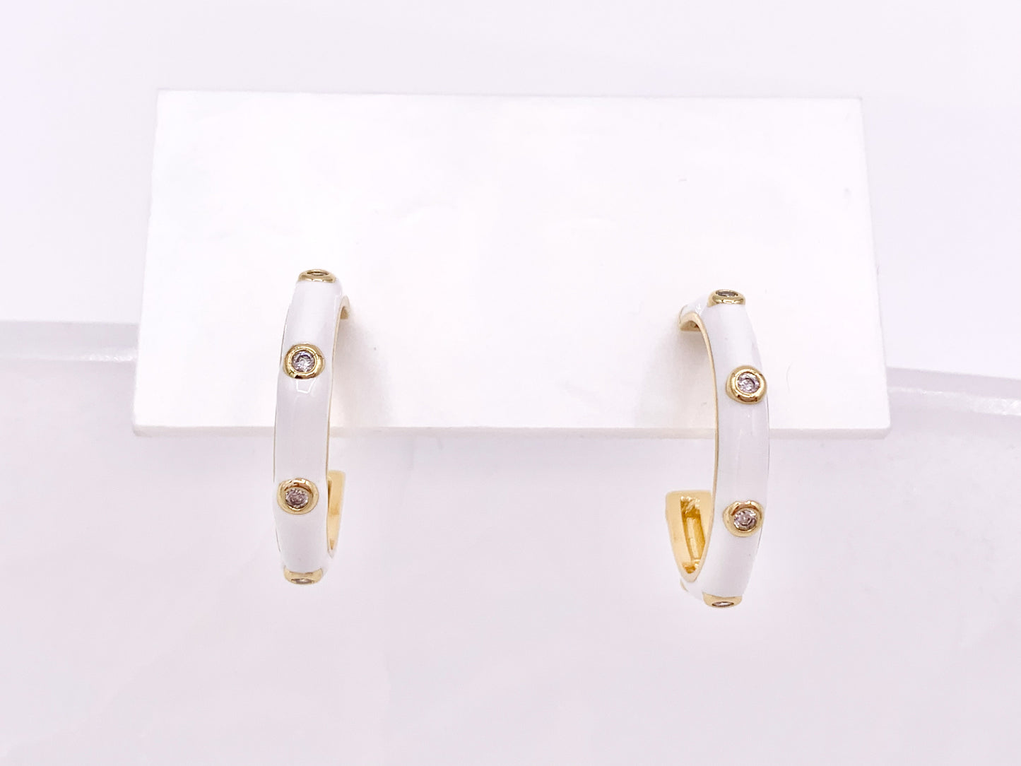 25mm White Enamel Micro CZ Pave Earring Hoops in 18K Gold Plated Copper 3 pairs
