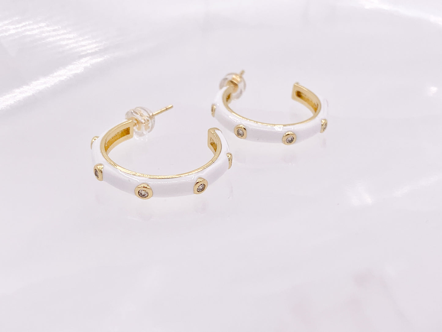 25mm White Enamel Micro CZ Pave Earring Hoops in 18K Gold Plated Copper 3 pairs